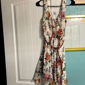multicolored flower dress with brown belt